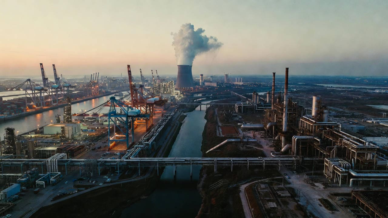 Competitività industriale e costo dell'energia: veduta aerea di un polo industriale con porto, gru, impianti petrolchimici e torre di raffreddamento nucleare al tramonto