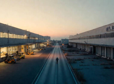 Deindustrializzazione italiana: operaio in silhouette tra uno stabilimento attivo e uno abbandonato in un distretto industriale del Nord Italia al crepuscolo