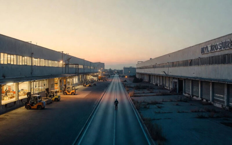 Deindustrializzazione italiana: operaio in silhouette tra uno stabilimento attivo e uno abbandonato in un distretto industriale del Nord Italia al crepuscolo