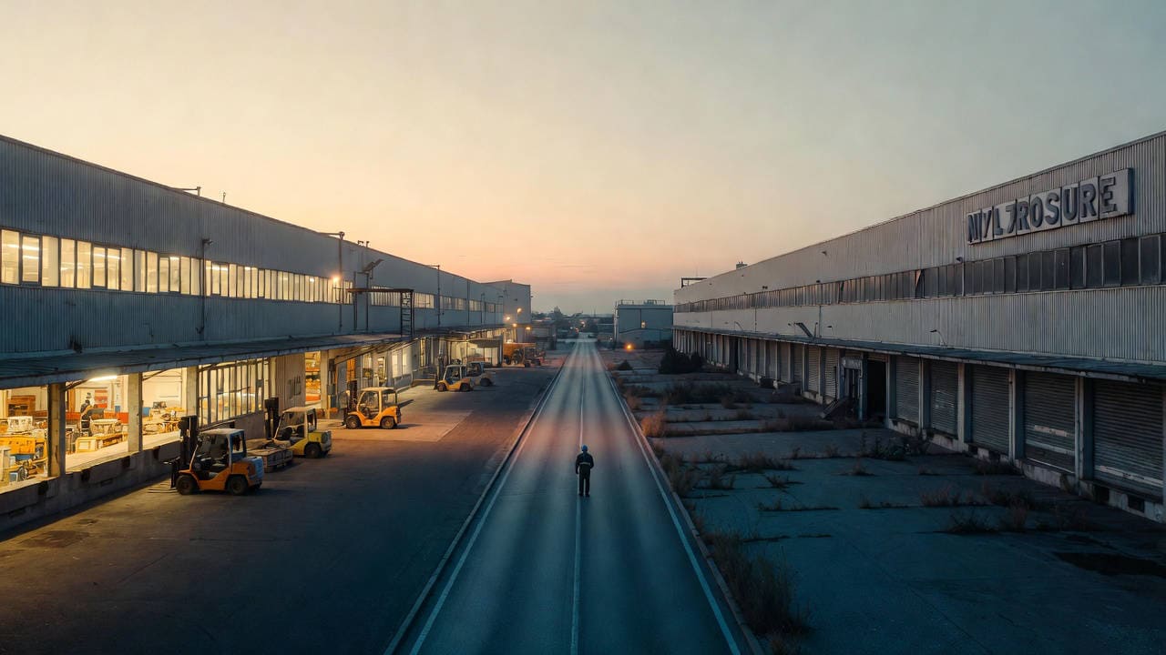 Deindustrializzazione italiana: operaio in silhouette tra uno stabilimento attivo e uno abbandonato in un distretto industriale del Nord Italia al crepuscolo