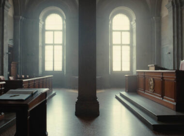 Separazione delle carriere: aula di tribunale italiana vuota divisa da una colonna centrale, con il banco del PM a sinistra e quello del giudice a destra.