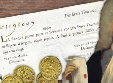 Bolla del Mississippi – banconota della Banque Royale da dieci livres tournois del 1720 con monete d'oro