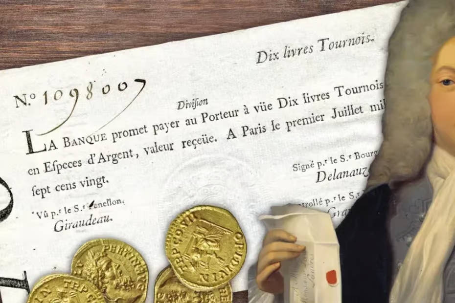 La bolla del Mississippi: nel 1720 il crollo delle azioni Compagnia delle Indie innesca la crisi che porta alla Rivoluzione. Bolla del Mississippi – banconota della Banque Royale da dieci livres tournois del 1720 con monete d'oro