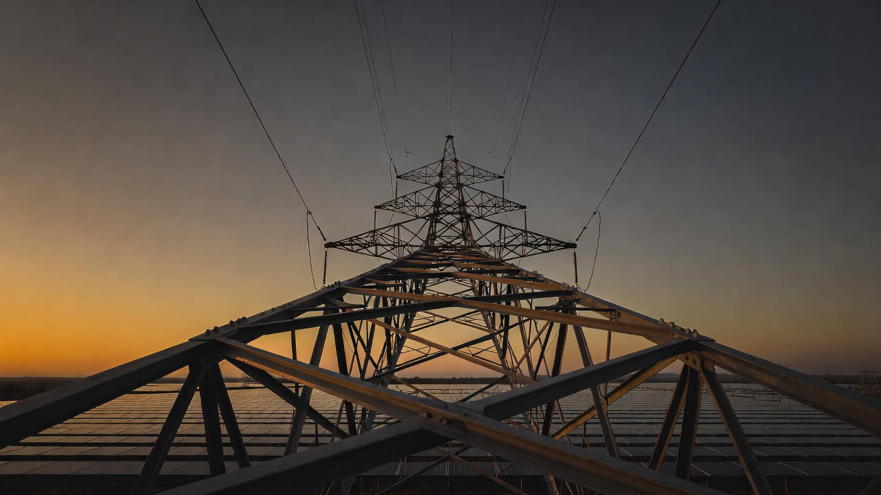 Stiamo pagando l'elettricità con le regole degli anni Novanta. Bolletta della luce: traliccio ad alta tensione e pannelli solari al tramonto