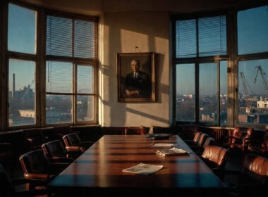 Capitalismo familiare italiano: sala riunioni abbandonata con ritratto di industriale e skyline post-industriale.