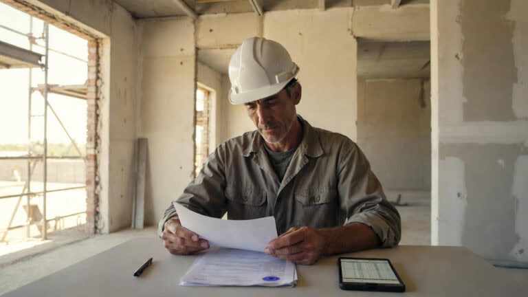 SOA: la sigla che forse non conosci ma che può costarti decine di migliaia di euro. Certificazione SOA: operaio edile esamina documenti ufficiali in un appartamento in ristrutturazione