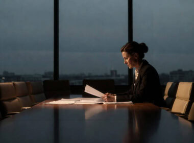 Donne e investimenti: manager finanziaria legge un report in una sala riunioni vuota