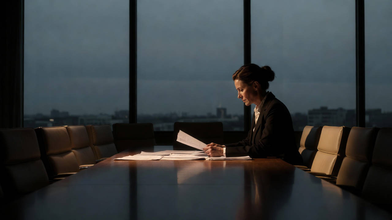 Chi ha paura delle investitrici?. Donne e investimenti: manager finanziaria legge un report in una sala riunioni vuota