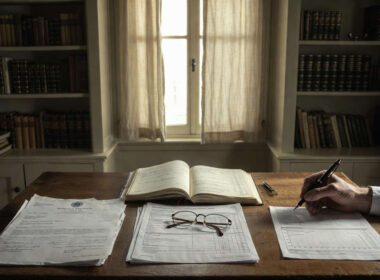 Fondi pensione e polizze vita: mano che annota calcoli su quaderno aperto accanto a documenti previdenziali e assicurativi su scrivania in legno.