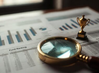 Classifiche fondi comuni: lente di ingrandimento su tabella di ranking e grafico a barre, con trofeo dorato sullo sfondo