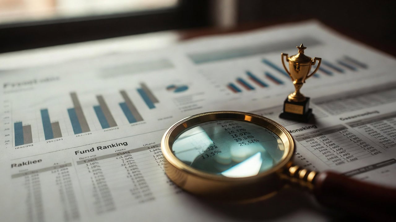 Classifiche fondi comuni: lente di ingrandimento su tabella di ranking e grafico a barre, con trofeo dorato sullo sfondo