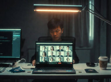 Lavoratori IT nordcoreani: operatore davanti a due monitor con videochiamata aziendale e codice, documenti falsi sul tavolo
