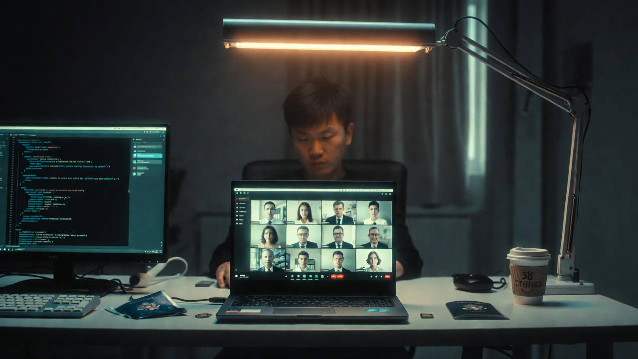 Lavoratori IT nordcoreani: operatore davanti a due monitor con videochiamata aziendale e codice, documenti falsi sul tavolo
