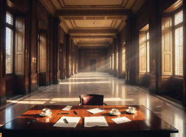 Politica industriale in Italia: corridoio ministeriale romano deserto con tavolo abbandonato e documenti sparsi.