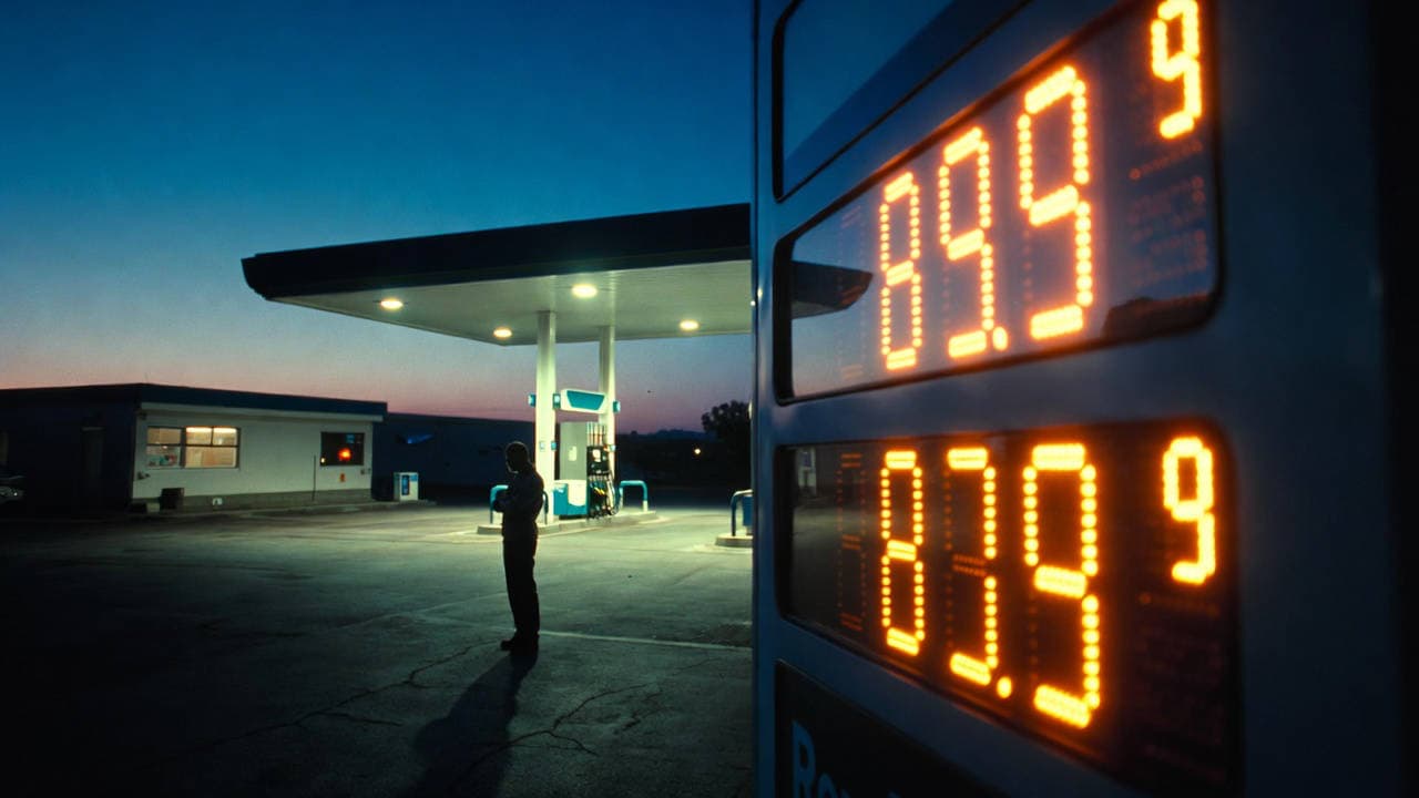 Prezzi che non scendono in Italia, benzina e pellet: tabellone prezzi carburanti illuminato al crepuscolo con figura immobile di spalle.