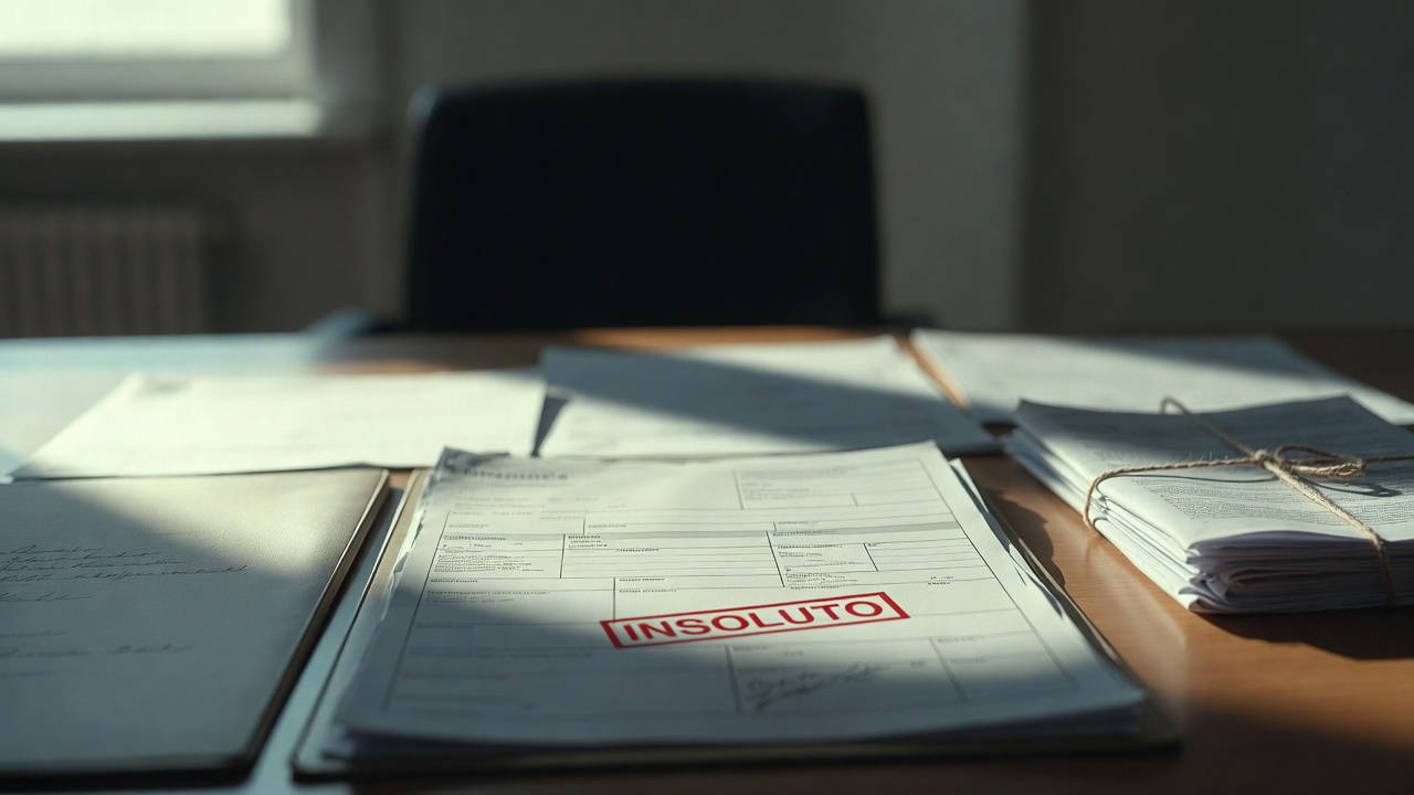 Recupero crediti senza causa: fattura con timbro rosso "INSOLUTO" su scrivania con documenti legali
