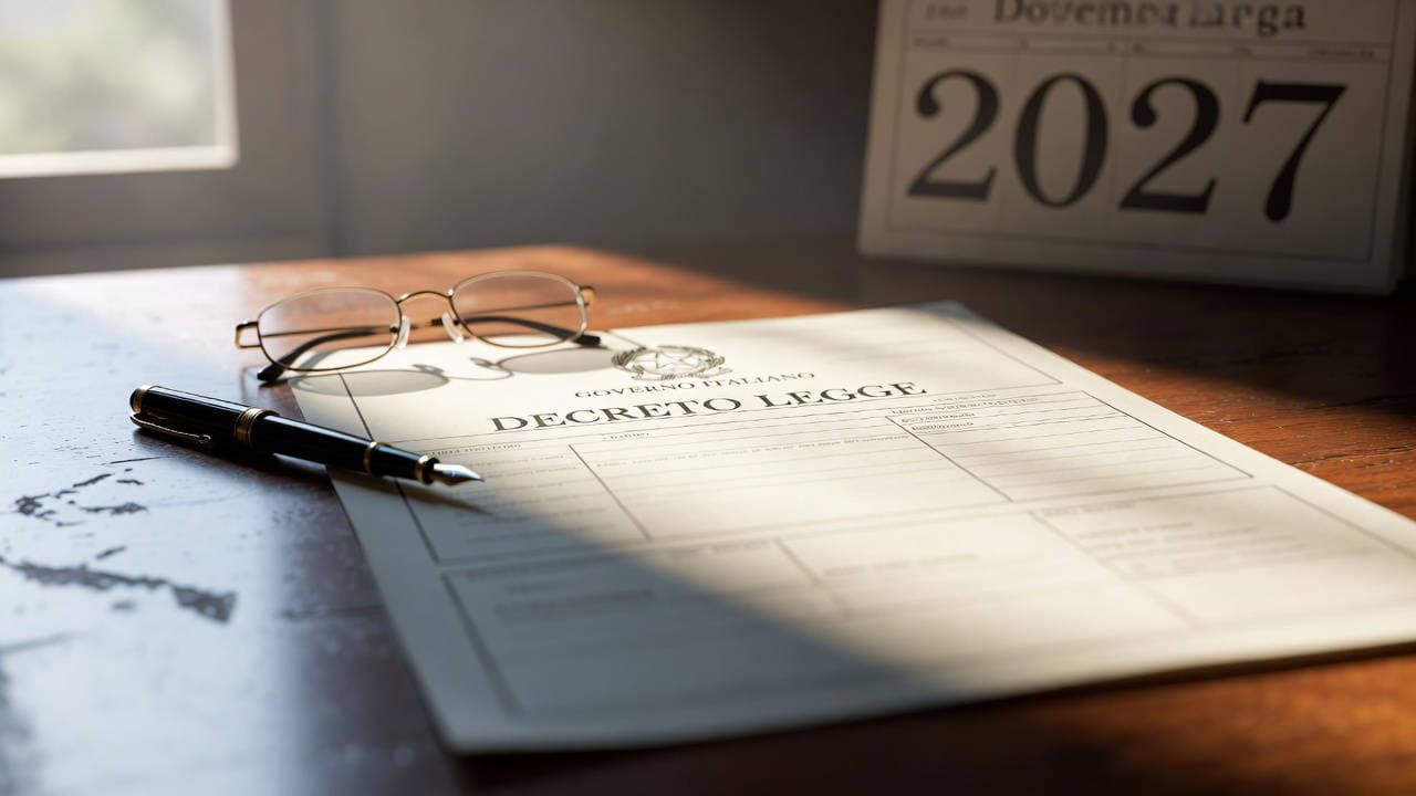 Pensioni, dal 2027 un mese in più per la vecchiaia (salvo eccezioni). Requisiti pensione vecchiaia 2027: decreto legge su scrivania con occhiali, penna stilografica e calendario 2027