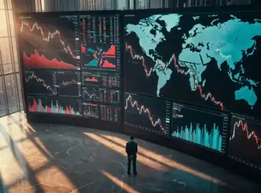 rischio mercati 2025: trader solitario osserva schermi finanziari con grafici in discesa e mappa globale frammentata
