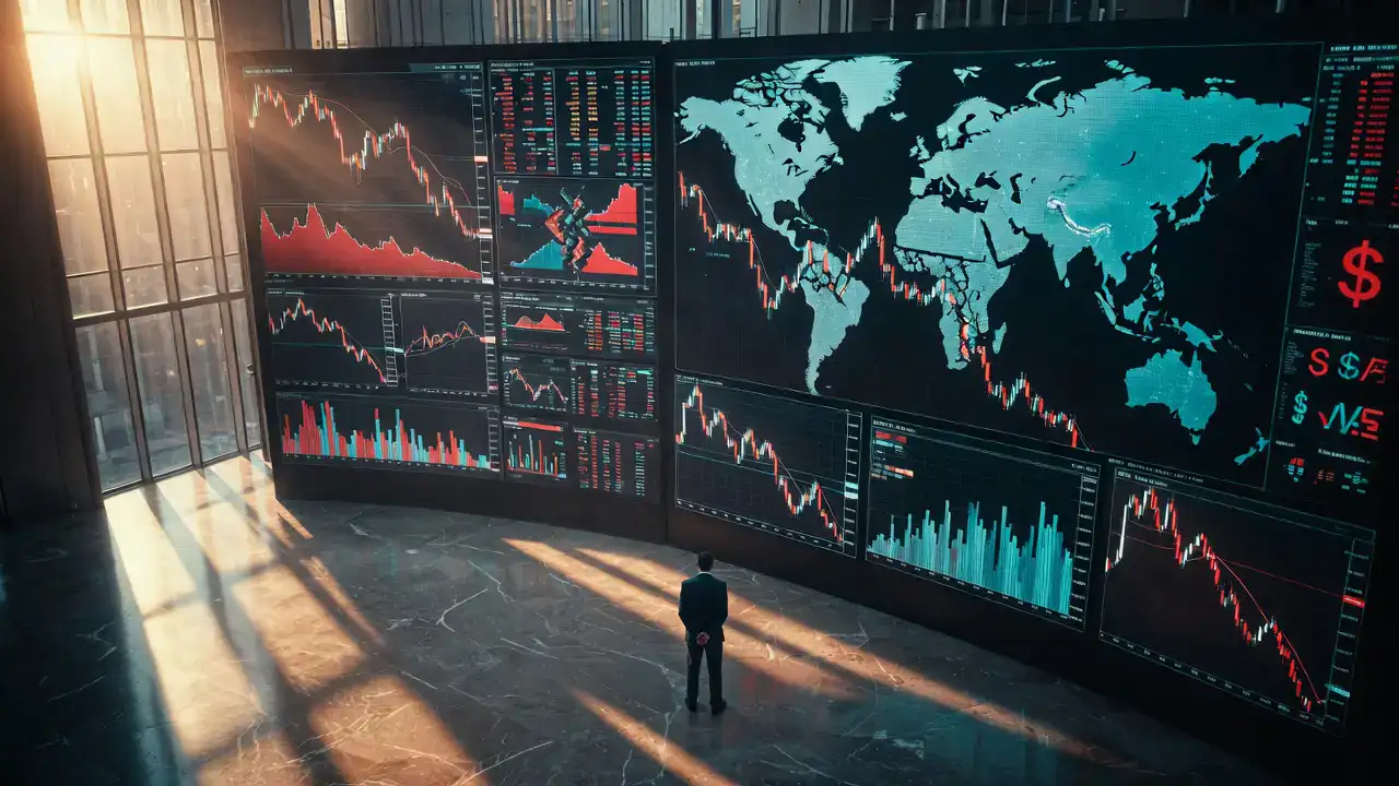 rischio mercati 2025: trader solitario osserva schermi finanziari con grafici in discesa e mappa globale frammentata