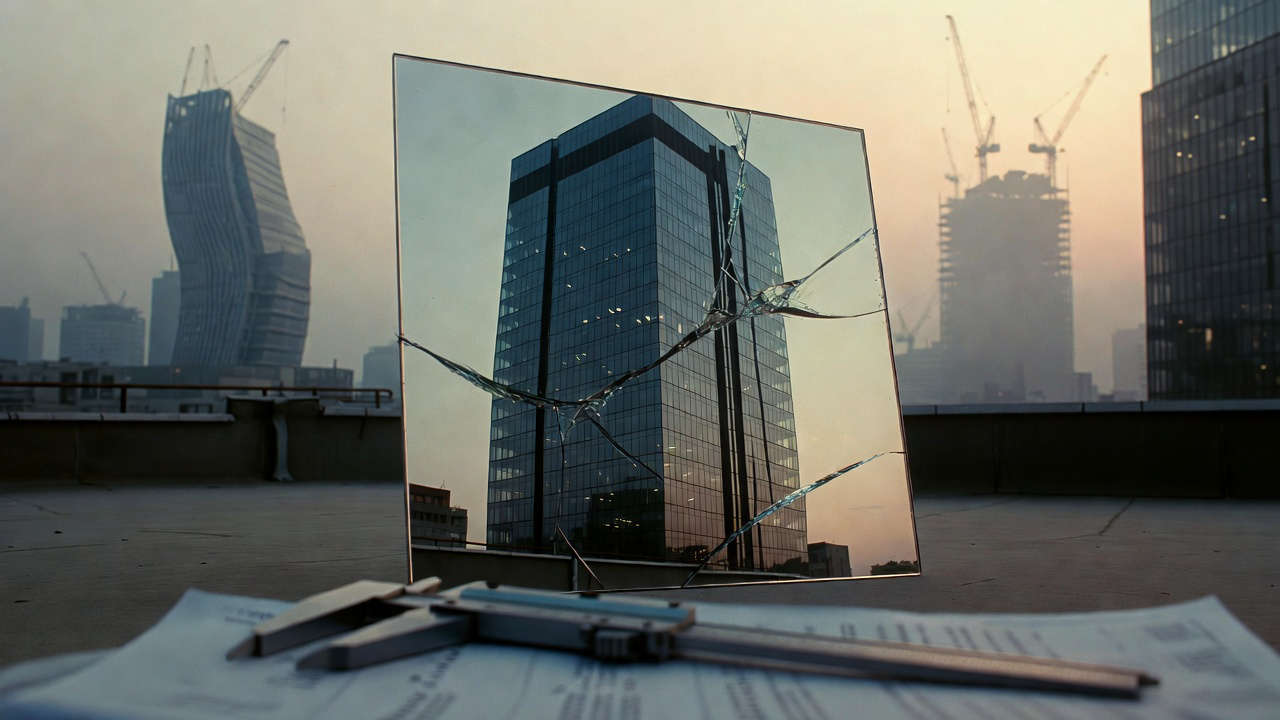 Valutare un’azienda nell’era della frammentazione: grattacielo riflesso in uno specchio incrinato su un rooftop urbano con strumenti di misurazione finanziaria in primo piano.