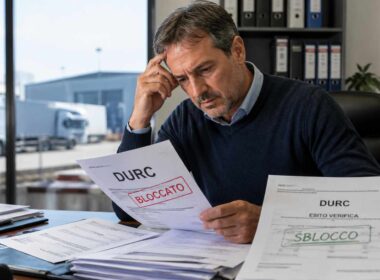 DURC bloccato imprenditore analizza documenti con timbro blocco INPS
