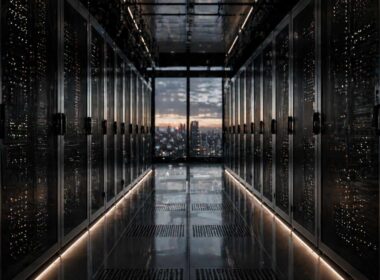 Digital lending corridoio data center finanziario con server e skyline urbano sullo sfondo