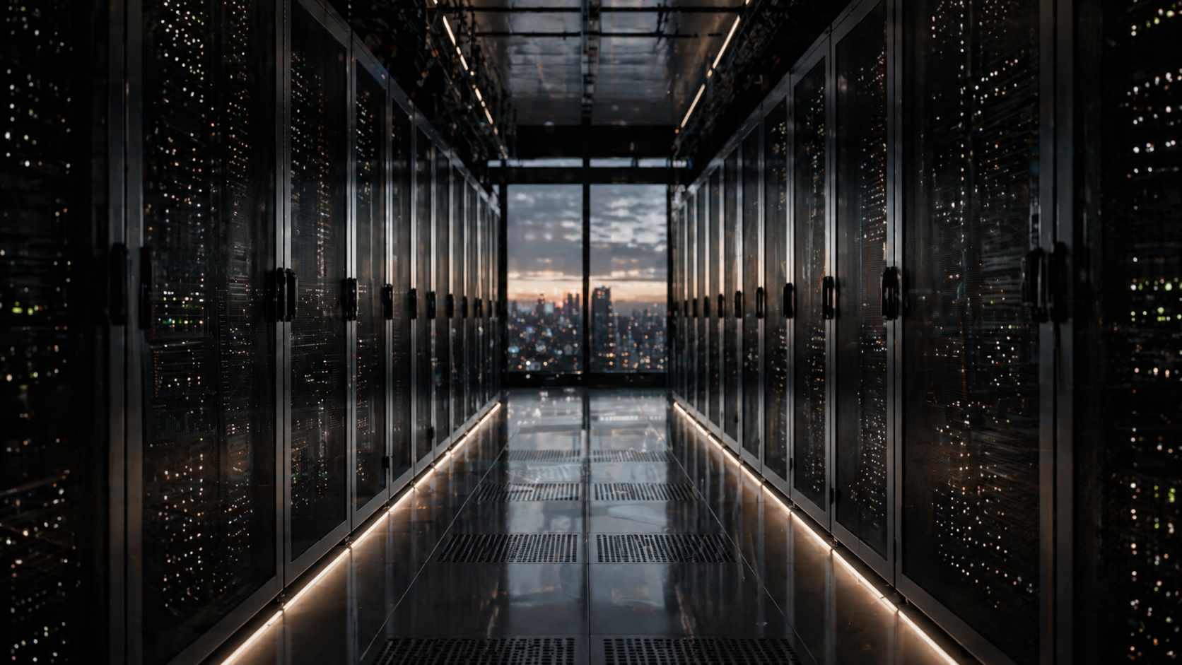 Digital lending: nel 2030 credito digitale al 40%. Digital lending corridoio data center finanziario con server e skyline urbano sullo sfondo