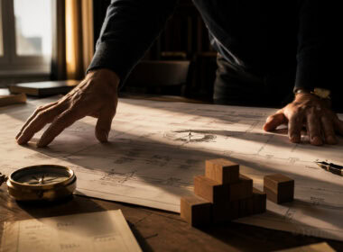 equity crowdfunding per le PMI mani di imprenditore su blueprint finanziario con strumenti di pianificazione e struttura di capitale