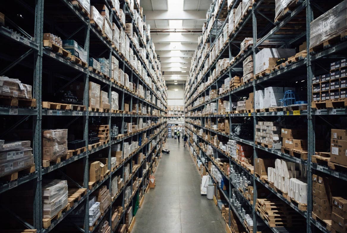 La rivoluzione del “Destocking”: in arrivo la prima cartolarizzazione di magazzino senza pegno. Corridoio di magazzino industriale con scaffali pieni di merci, esempio di cartolarizzazione magazzino senza pegno