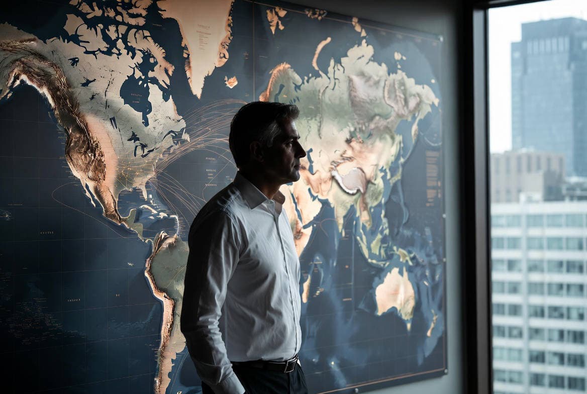 come proteggere la propria azienda dai rischi globali imprenditore osserva mappa mondiale in ufficio