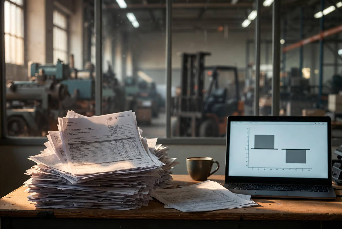 Factoring: non un prestito d’emergenza, ma uno strumento di pianificazione. Factoring PMI: fatture commerciali e grafico cash flow su scrivania di fonderia industriale italiana