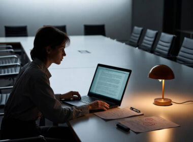 L'economia della mente in affitto. Intelligenza artificiale e mercato del lavoro: professionista sola in sala riunioni vuota davanti a laptop con documenti e timbro rosso