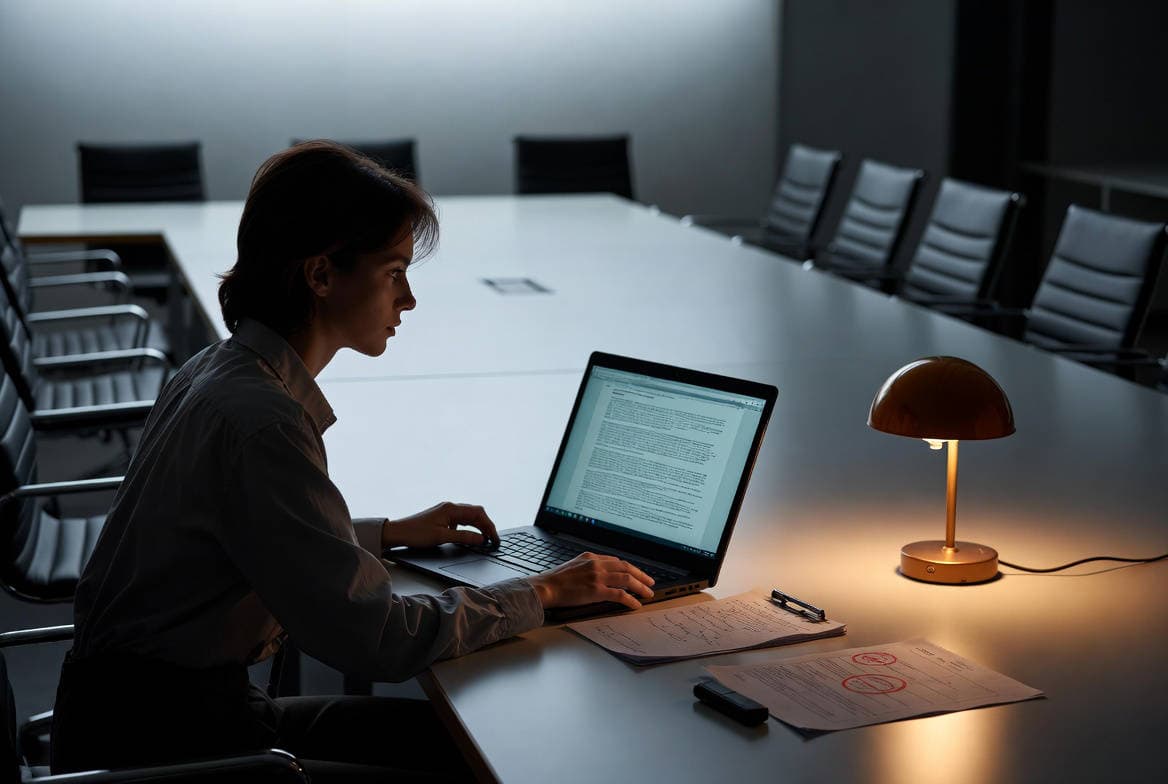 Intelligenza artificiale e mercato del lavoro: professionista sola in sala riunioni vuota davanti a laptop con documenti e timbro rosso