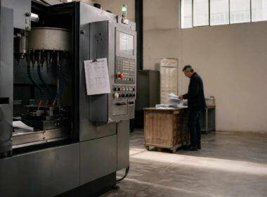 Leasing operativo o finanziario: officina CNC con imprenditore che valuta documenti prima dell’investimento