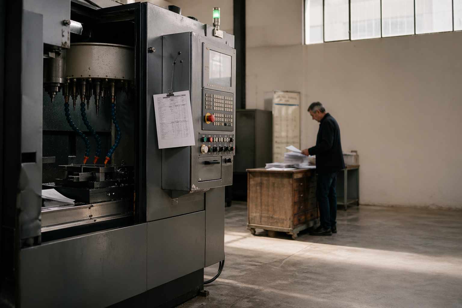 Leasing operativo o finanziario: officina CNC con imprenditore che valuta documenti prima dell’investimento