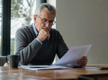 Uomo analizza documenti su pensione anticipata a 64 anni, valutando requisiti contributivi