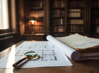 Vendita di beni condominiali e plusvalenza Superbonus: la tassazione si valuta condomino per condomino. Plusvalenza Superbonus parti comuni condominio: planimetria condominiale aperta su tavolo con lente di ingrandimento e documenti fiscali timbrati