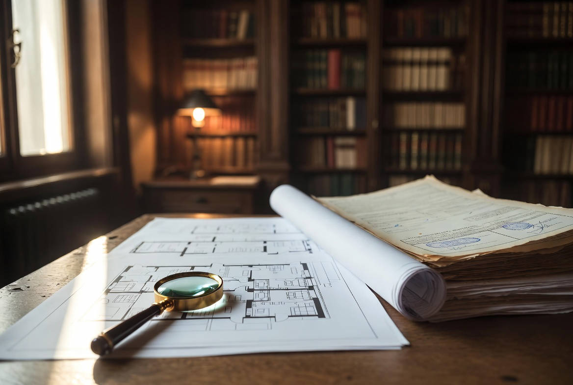 Plusvalenza Superbonus parti comuni condominio: planimetria condominiale aperta su tavolo con lente di ingrandimento e documenti fiscali timbrati