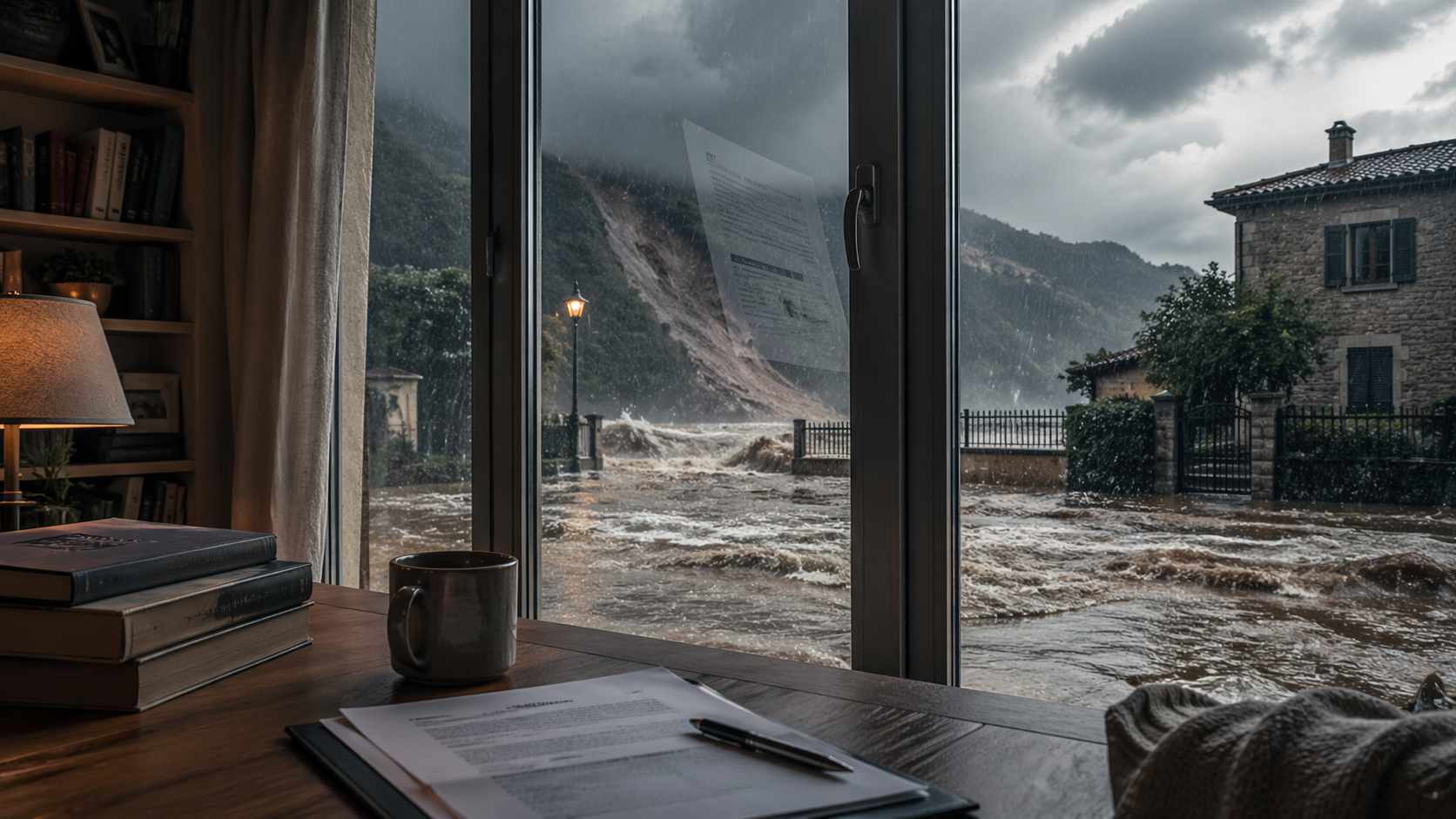 Casa, dolce casa. La polizza sull’abitazione. Polizza casa conviene davvero: interno domestico sicuro mentre fuori una violenta alluvione minaccia l’abitazione