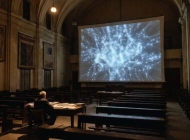 Sindacato e intelligenza artificiale: sala assembleare italiana vuota con figura solitaria davanti a proiezione di rete neurale