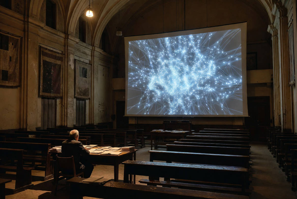 Sindacato e intelligenza artificiale: sala assembleare italiana vuota con figura solitaria davanti a proiezione di rete neurale