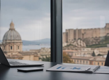 TAEG negativo finanziamento imprese, scrivania con documenti finanziari e laptop vista su città italiana