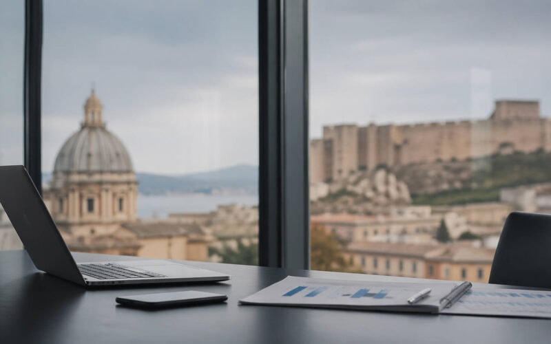 TAEG negativo finanziamento imprese, scrivania con documenti finanziari e laptop vista su città italiana