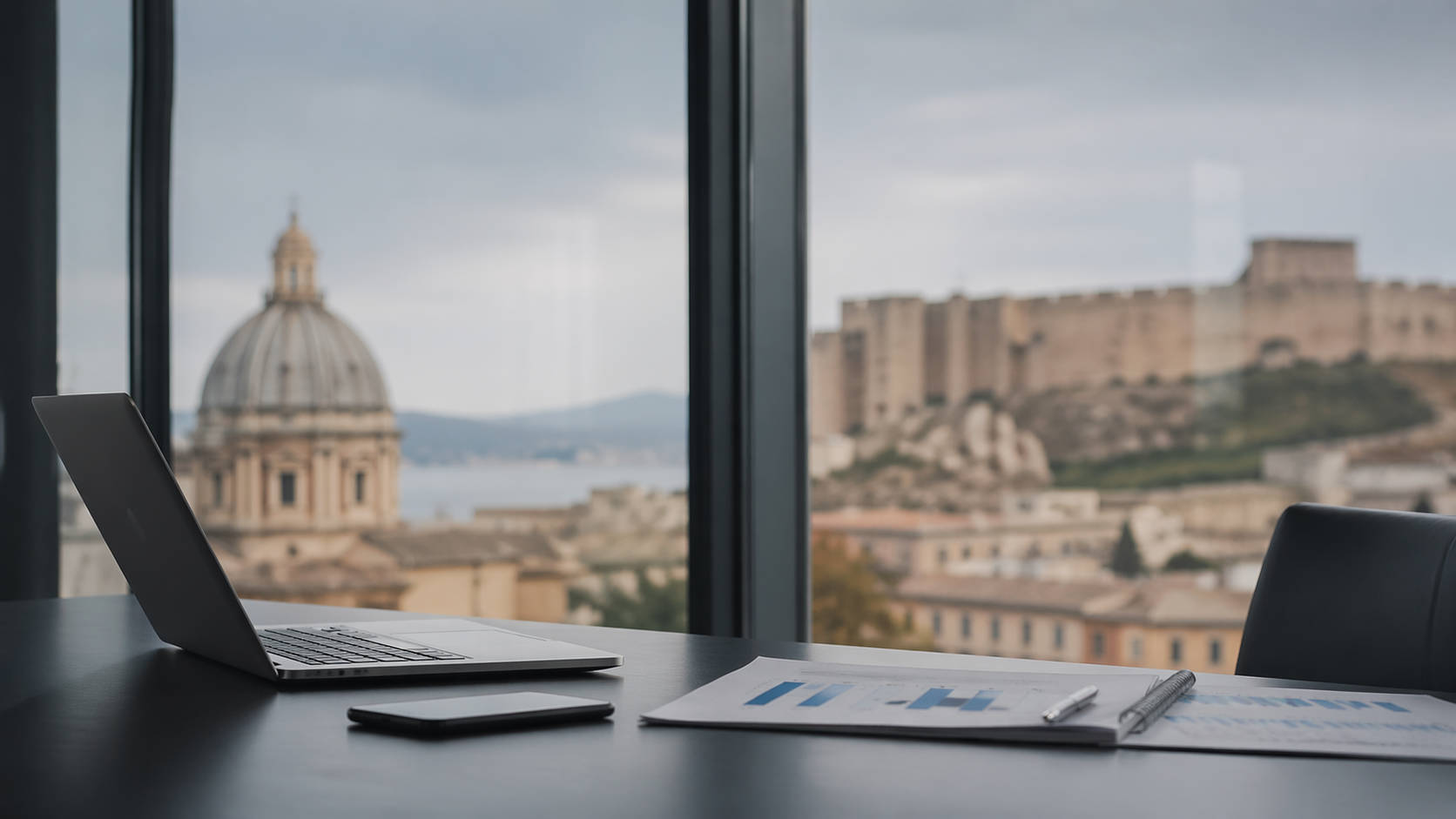 TAEG negativo finanziamento imprese, scrivania con documenti finanziari e laptop vista su città italiana