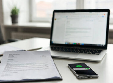 Documento apparentemente ufficiale su una scrivania con laptop e smartphone, contesto di truffe finanziarie UIF Banca d’Italia