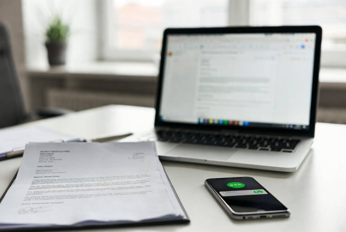 Truffe UIF e Banca d’Italia: rischio concreto per imprese e professionisti. Documento apparentemente ufficiale su una scrivania con laptop e smartphone, contesto di truffe finanziarie UIF Banca d’Italia