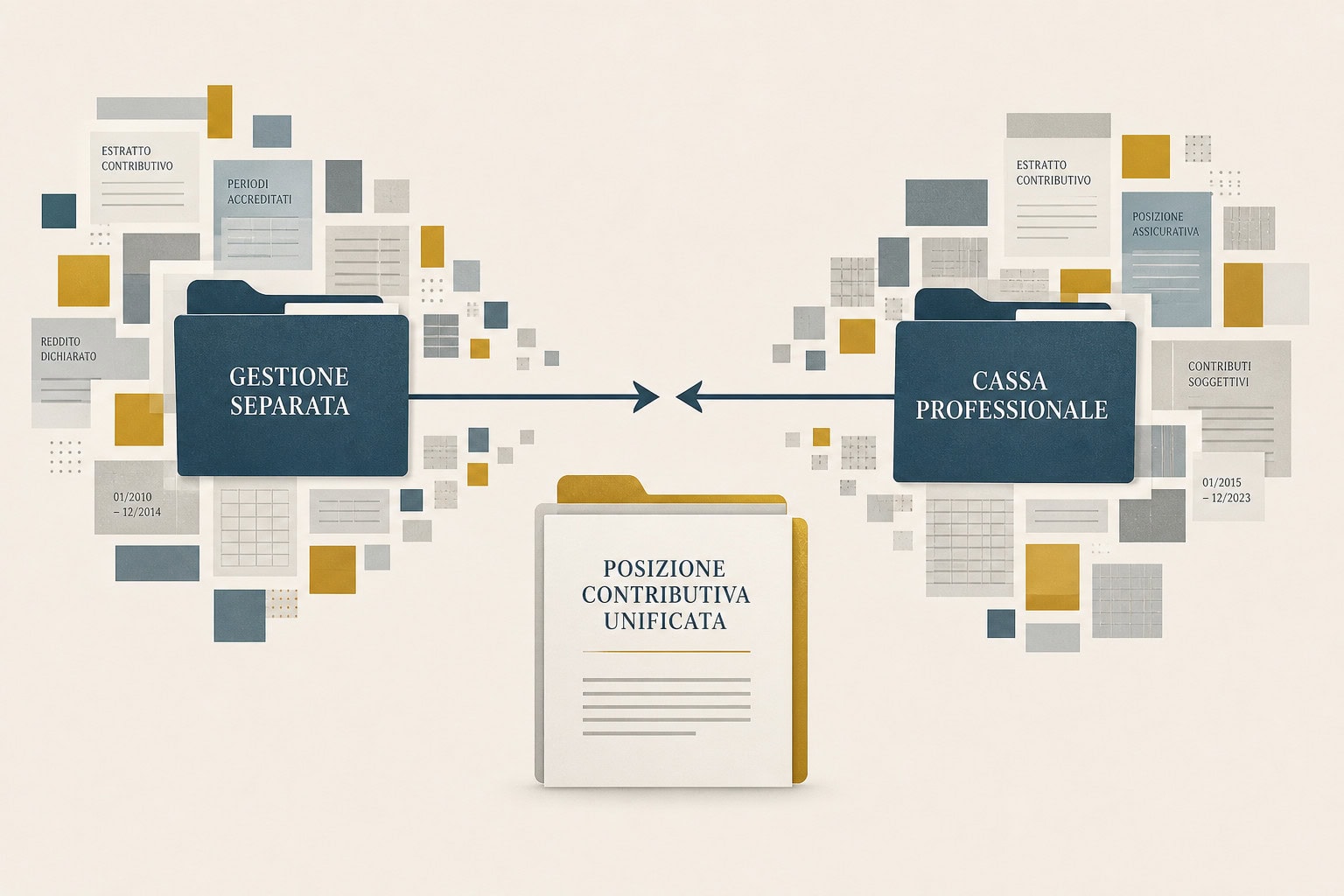 Editorial illustration, flat design, muted institutional palette. A fragmented mosaic of contribution records and pension documents gradually converging into a single unified file. Central visual: two distinct administrative folders — one labeled "Gestione Separata", one labeled "Cassa Professionale" — connected by a clean horizontal line with an arrow pointing inward. Background: pale warm grey. Accent color: deep gold. No people, no hands, no icons. Minimal, authoritative, financial press aesthetic.