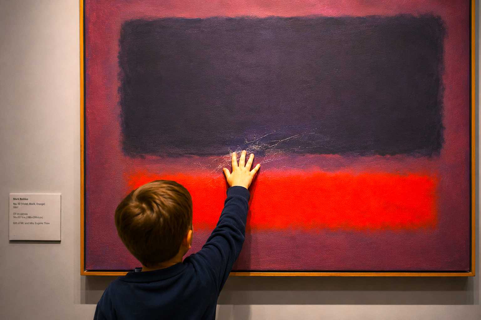 Chi rompe paga. Bambino che danneggia accidentalmente un dipinto in museo, simbolo dei rischi coperti dalla polizza RC familiare