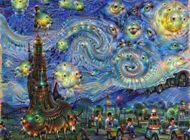 Arte dell’intelligenza artificiale con figure surreali, occhi multipli e paesaggio generato da reti neurali