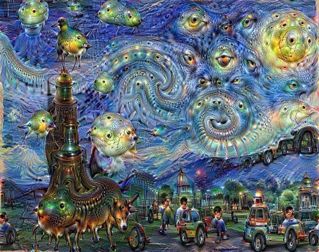 Arte dell’intelligenza artificiale con figure surreali, occhi multipli e paesaggio generato da reti neurali